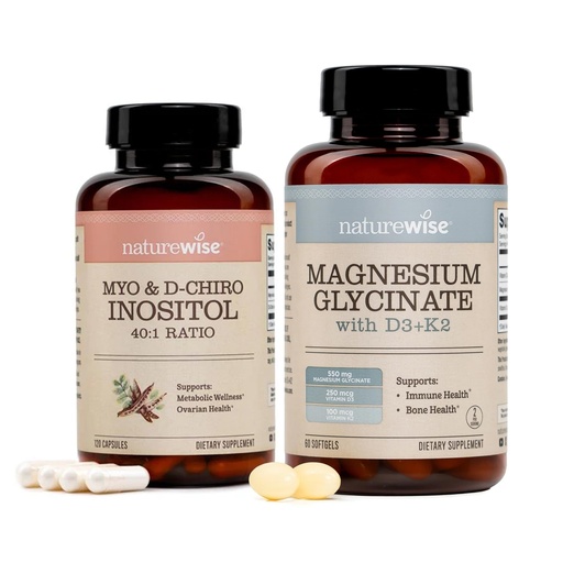 [BRSRGZD3CINBM2QV] NatureWise Myo-Inositol & D-Chiro Inositol Supplement for Women - Ideal 40:1 Ratio [30-Day Supply] + Magnesium Glycinate 550mg + 10000 IU Vitamin D3 + K2 - Chelated for High Absorption [30-Day Supply]