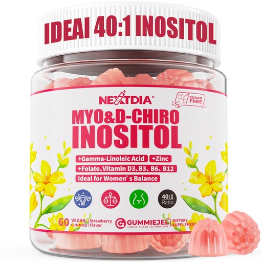 [BRSRAAI7CQPWAFLO] Inositol Gummies with Evening Primrose Oil for Women - 40:1 Ratio Myo-Inositol 2000mg & D-Chiro Inositol 50mg with Vit D3 B6 B12 & Zinc, Sugar-Free for Female Natural Balance & Wellness, Vegan (60ct)