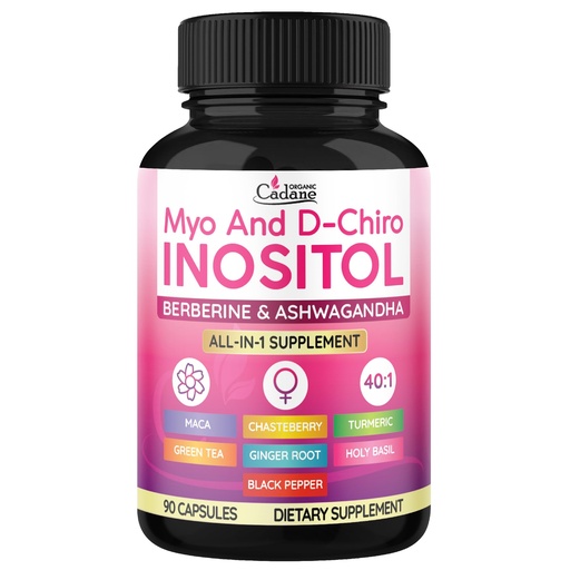 [BRSRABQPOIMA4CY4] Organic Cadane Myo and D-Chiro Inositol Capsules for Women | with Berberine, Ashwagandha, Maca, Chasteberry & 6 More | Cycle Regularity, Body Management | Vegan, Non-GMO - 90 Capsules