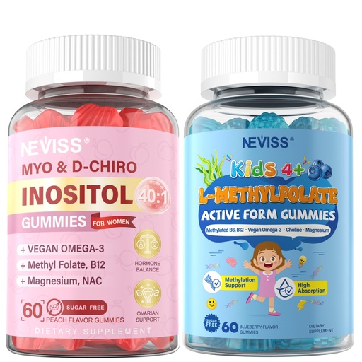 [BRSRGAA7ARYRUCTZ] NEVISS 2Pack Myo-Inositol & D-Chiro Inositol Gummies Sugar Free, Ideal 40:1 Ratio Inositol Supplement for Women and L Methylfolate 1000mcg for Kids Teens Gummies + Methyl B6 B12