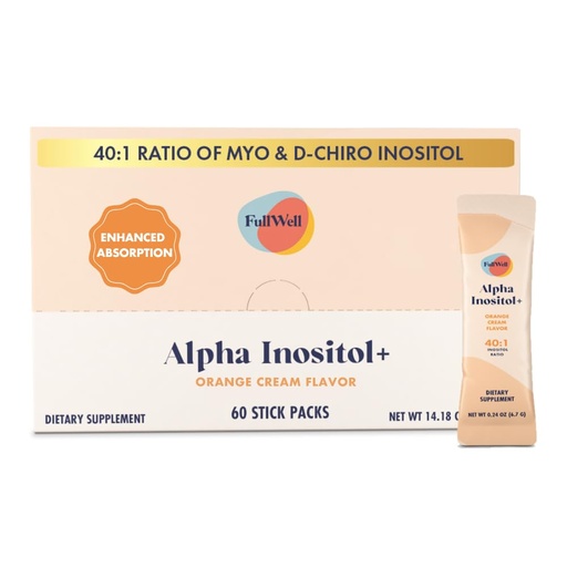 [BRSREGI6CEIGGDTX] FullWell Alpha Inositol+ Stick Packs - Hormonal, Ovarian & Metabolic Aid - 40:1 Myo-inositol to D-Chiro-inositol - Orange Cream - 60 Count (30 Servings)