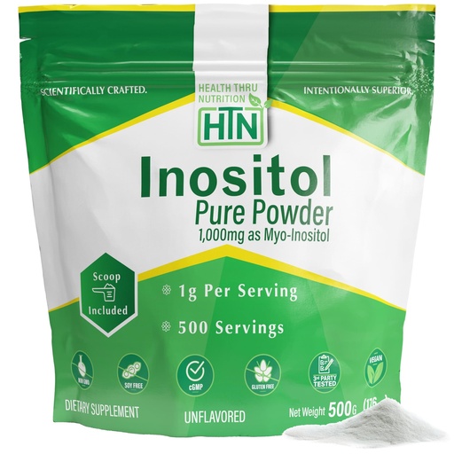 [BRSREAQ3BV6GAAAZ] Health Thru Nutrition Inositol Powder – 500g Pure Powder as Myo-Inositol | 1,000mg (1g) Per Scoop - Included | Unflavored, Vegan, Non-GMO | 500 Servings – Clean Supplement