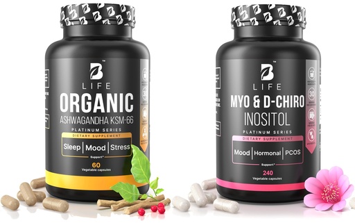 [BRSREGL2AEBAYCL6] Ashwagandha KSM-66 + Myo-Inositol & D-Chiro Inositol by B Life | Hormonal Balance & Stress Support | 120 + 60 Capsules | Mood, Focus & PCOS Support | Made in USA