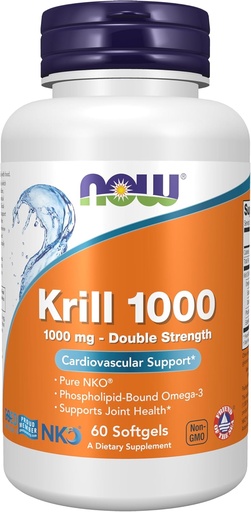 [BRSWIYLRBUFWYFA5] NOW Foods Supplements, Neptune Krill, Double Strength 1000 mg, Phospholipid-Bound Omega-3, 60 Softgels