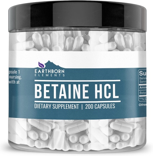 [BRSWY2Q2B4PGGA3J] Éléments terriens Betaine HCL, 200 Capsules, testées en laboratoire, sans remplissage ni additifs