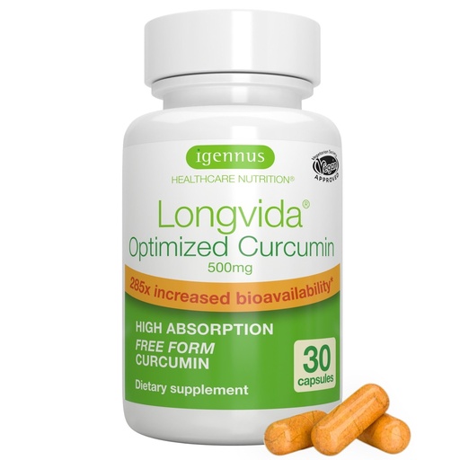 [BRSWKHAKC4MBEFIV] Igennus Longvida Curcumin 500mg – High Absorption ‘Free’ Curcumin, 65x Higher Plasma Levels, Sustained Release (7hr Half-Life), Brain & Cognitive Support, Vegan, 30 Capsules