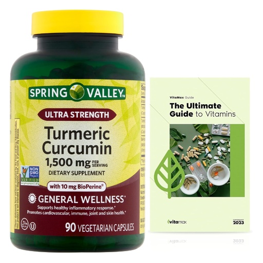 [BRSRAYAFBANWM2DA] Generic Spring Valley Ultra Strength Turmeric Curcumin Dietary Supplement (Turmeric Curcumin 1,500 mg, 90 Capsules) + Exclusive Vitamax Vitamin Guide (2 Items)