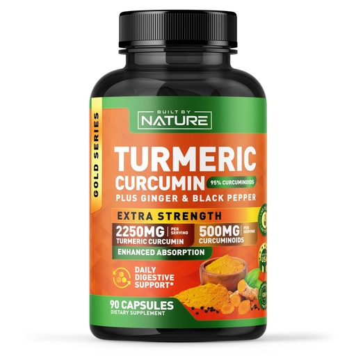 [BRSRACQ3C4HWMFDX] Built by Nature Turmeric Curcumin 2250mg – 95% Curcuminoids with Ginger & Black Pepper for High Absorption – Extra Strength Joint Support – Non-GMO, Vegan - 90 Capsules
