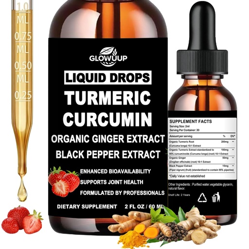 [BRSRGGQ6O56W2CI6] Turmeric Curcumin Liquid Drops, Organic Turmeric and Ginger Supplement, Ultra Potent Turmeric Root with 95% Curcuminoids & BioPerine for Joint Health, Fast Absorption Liquid Turmeric Than Powder丨Vegan
