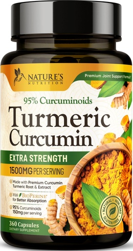 [BRSRE2YBCMJQICQV] Turmeric Curcumin Supplement 1500mg - Organic Tumeric & BioPerine Black Pepper for Best Absorption with 95% Curcuminoids, Nature's Joint & Immune Support, Non-GMO, Bottled in USA - 360 Capsules