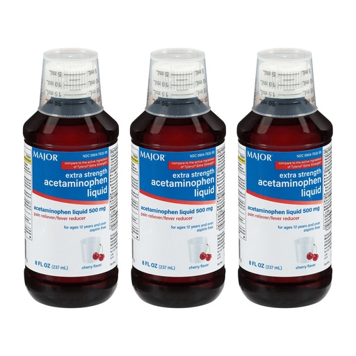 [BRSREEIHCQIRAAI7] MAJOR Adult Extra Strength Liquid Acetaminophen 500mg - Helps Relieve Pain and Reduce Fevers - Aspirin Free - Cherry Flavor - 8 Fl Oz (3 Pack)