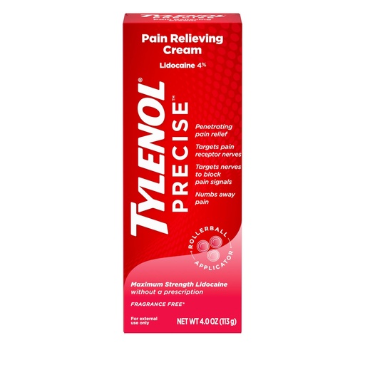 [BRSROYIDB4FAEAY4] Tylenol Precise Pain Relieving Cream, Maximum Strength 4% Lidocaine Topical Analgesic for Back, Knee & Joint Pain, Penetrating Relief, Non-Sticky, Fragrance Free, No Dyes, 4oz