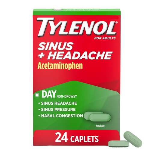 [BRSWIFQTAR6WEDI7] Tylenol Sinus + Headache Daytime Non-Drowsy Relief Caplets, Acetaminophen 325mg, Phenylephrine HCI 5mg, Nasal Decongestant for Sinus Pain, Headache & Nasal Congestion Relief, Fever Reduction, 24 Count