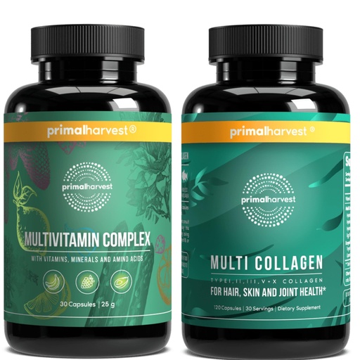 [BRSRMY36OIBGO33X] Primal Harvest Multivitamin & Collagen Supplements for Women and Men Multi Vitamin Capsules and Collagen Peptides Pills Bundle