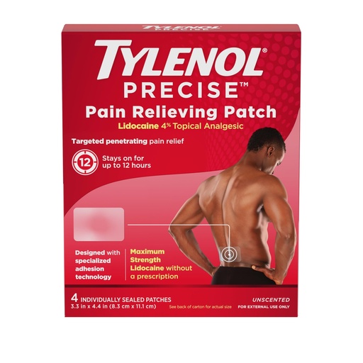 [BRSRE2Q6PJ5B6E3P] Tylenol Precise Pain Relieving Patches, Large Topical Analgesic Patches + Maximum OTC Strength Lidocaine Penetrates, Targeted Relief Ideal for Shoulder, Back & Knee Pain, Unscented, 4 ct