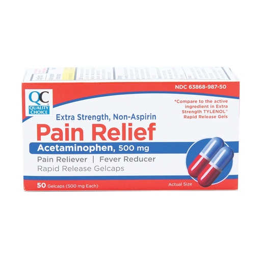 [BRSWYAIPCMHRGC3U] Quality Choice, Extra Strength, Non Aspirin Pain Relief, Acetaminophen 500 MG, Pain Reliever & Fever Reducer, Rapid Release Gelcaps, 50 Count Package