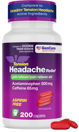 [BRSWYZA2OEBRQYLX] GenCare - Tension Headache Relief Pain Reliever with Acetaminophen 500 mg & Caffeine 65 mg (200 Caplets) Best Value Bulk Extra Strength for Head, Migraine, Joint Pain & Body Ache Relief Medicine