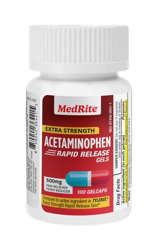 [BRSREHAYAEHB4YDF] Acetaminophen 500mg Extra Strength - 100 Rapid Release Gelcaps - Over-the-Counter Medication