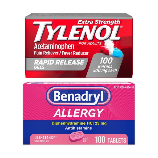 [BRSRMHQ3BEIW2EIV] Benadryl Ultratabs Antihistamine Allergy Relief Tablets with 25 mg Diphenhydramine HCl, 100 ct and Tylenol Extra Strength Pain Reliever Rapid Release Gels with 500 mg Acetaminophen, 100 ct