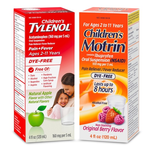 [BRSRGATQOEHW2ETJ] Tylenol Children's Liquid Pain Relief & Fever Medicine Oral Suspension, Free of Dyes, Natural Apple Flavor, 4 fl. Oz + Motrin Children's Oral Suspension Dye Free Berry Flavored, 4 fl. Oz