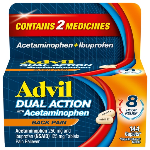 [BRSRMAYDCN5R6G32] Advil Dual Action Back Pain Caplets Delivers 125mg Ibuprofen and 250mg Acetaminophen Per Dose for 8 Hours of Back Pain Relief - 144 Count