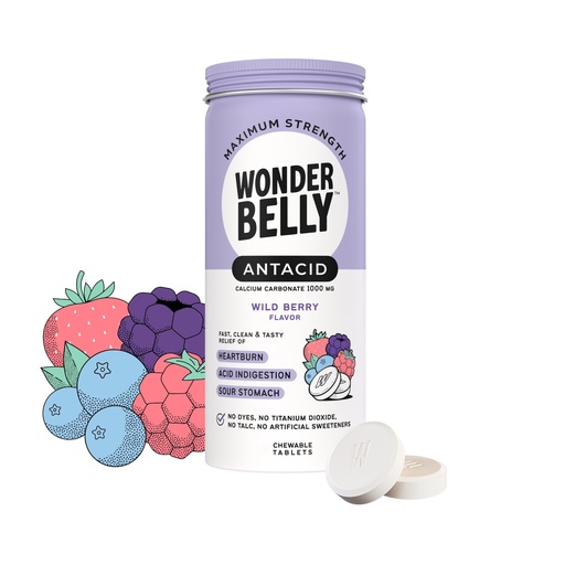 [BRSREGLRPMFBUDI7] Wonderbelly Antacid Effective Heartburn and Instant Acid Indigestion Relief Extra Strength Chewable Tablets 1000 mg Calcium Carbonate No Talc or Dye Wild Berry 50 count