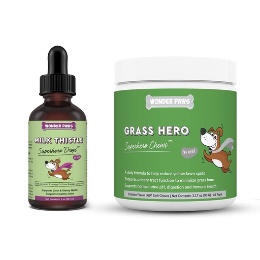 [BRSW2AAHA5YG2F3X] Milk Thistle Drops Plus Grass Hero Soft Chews - for Dogs Liver and Kidney Support, Detox & Urinary Tract Health - Milk Thistle 2 Ounces - Grass Hero 60 Chews