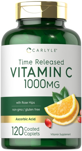 [BRSW2ZI3DF7QK2DH] Carlyle Vitamin C 1000mg | Timed Release | 120 Vegetarian Caplets | with Rose Hips | Non-GMO & Gluten Free Supplement