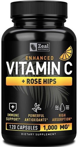 [BRSWYZY5PNYWOAD5] Vitamin C with Rose Hips 1000mg - Pure Ascorbic Acid Supplement - High Dose Vitamin C Capsules for Immune Support - 120 Count