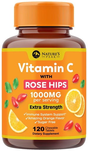 [BRSRAFTQO4HBEAI6] Vitamin C 1000mg Per Serving - Extra Strength Daily Immune Support with Rose Hips Chewable Supplement - Sugar Free Tasty Orange Flavor - Antioxidant & Collagen Support - USA Bottled - 120 Tablets
