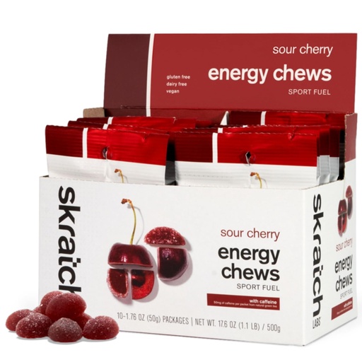 [BRSWYZIQDEIBSYDK] Skratch Labs Energy Chews, Caffeinated Sour Cherry, 10 Pack | 50 mg Caffeine gummies for running, cycling & endurance, quick carbs for athletes, easy to digest, real fruit, gluten free