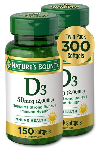 [BRSWIZQDBR5B4DDK] Nature's Bounty Vitamin D3, Supports Immune System and Bone Health, 50mcg, 150 Softgels (Pack of 2)