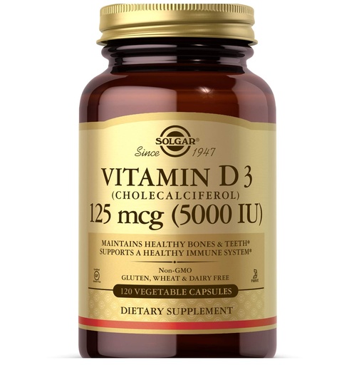 [BRSWIYABCAABQD36] Solgar Vitamin D3 (Cholecalciferol) 125 Mcg (5000 IU), 120 Vegetable Capsules - Helps Maintain Healthy Bones & Teeth - Immune System Support - Non-GMO, Gluten Free, Dairy Free, Kosher - 120 Servings