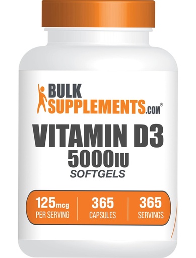 [BRSRM2YBCUAW233U] BulkSupplements.com Vitamin D3 5000IU Softgels - Cholecalciferol, D3 Supplement, Vitamin D 5000 IU - 1 Vitamin D3 Softgel (125mcg of Vitamin D) per Serving, 365 Count (Pack of 1)