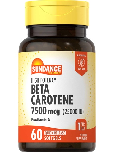 [BRSWYCADOQOWA3TO] Sundance Beta Carotene 7500mcg | 60 Softgels | Provitamin A | High Potency Formula | Non-GMO and Gluten Free Supplement