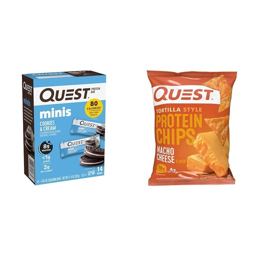 [BRSROAIQBAMQ4AD3] Quest Nutrition Mini Cookies & Cream Protein Bars, High Protein, Low Carb, Keto Friendly, 14 Count & Tortilla Style Protein Chips, Low Carb, Nacho Cheese 1.1 Ounce