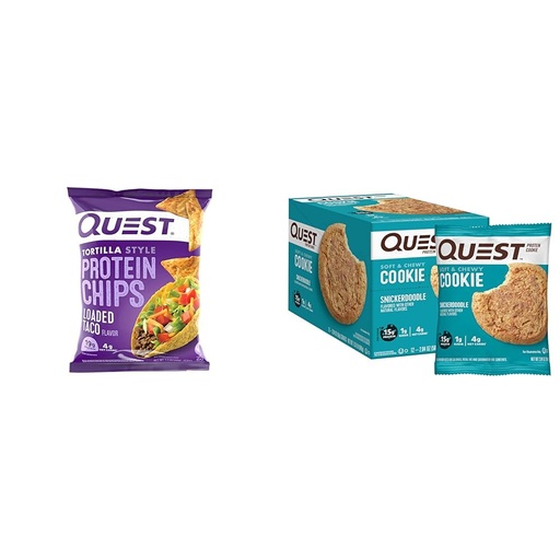 [BRSRAYYYDIMAACIY] Quest Nutrition Protein Chips & Cookies Bundle - Loaded Taco Tortilla Chips (12 Pack) and Snickerdoodle Cookies (12 Count)