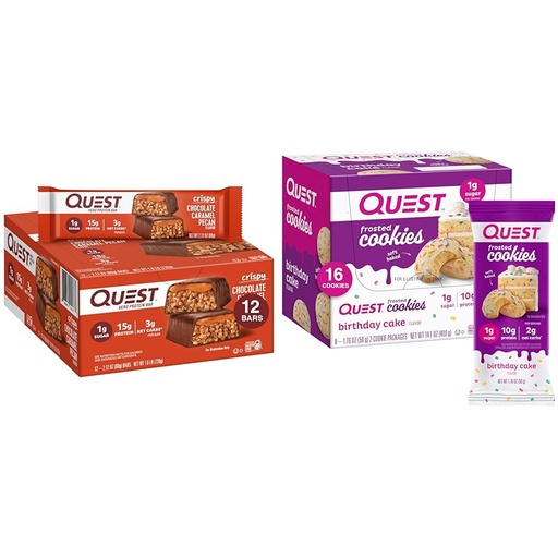 [BRSRAYYYCQPRED3D] Quest Nutrition Crispy Chocolate Caramel Pecan Hero Protein Bar 12 Count and Frosted Cookies Twin Pack Birthday Cake 16 Cookies
