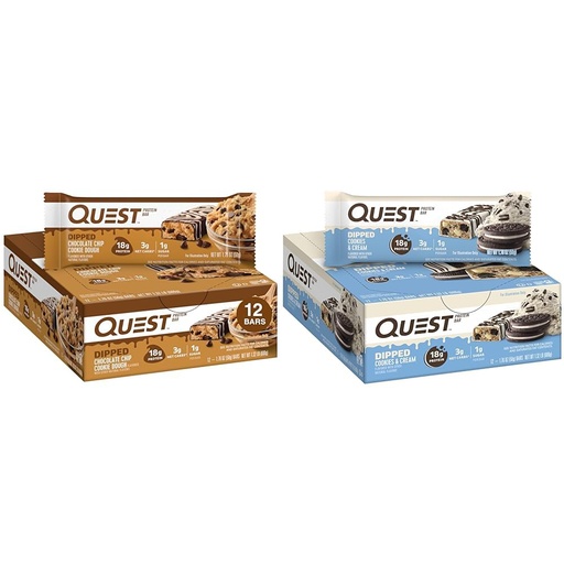 [BRSROCACBUDQGGQU] Quest Dipped Chocolate Chip Cookie Dough & Cookies and Cream Protein Bars Bundle, 1.76 Oz, 12 Ct