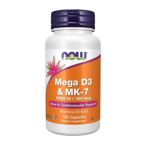 [BRSW2AAOOUCQYEY7] NOW Supplements, Mega D-3 & MK-7, 5000 IU / 180 mcg, Bone & Cardiovascular Support*, Vitamins K-3 & K-2, 120 Capsules