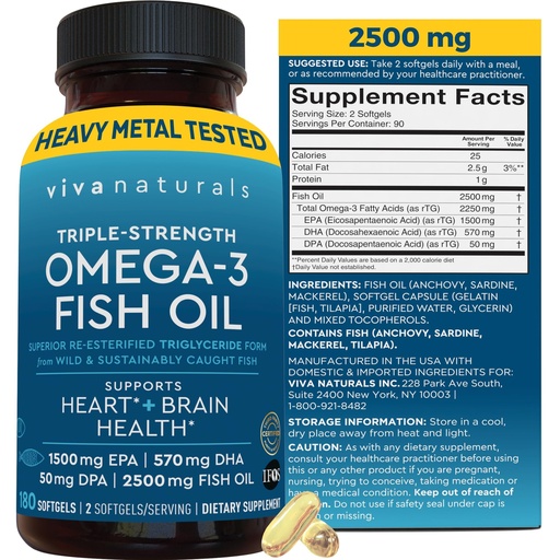 [BRSWKZQFA4OWIA3A] Triple Strength Omega 3 Fish Oil Supplement for Men and Women – 2500 mg High-Potency, Easy-to-Absorb Re-esterified Triglyceride Form, Pescatarian-Friendly DPA EPA DHA Omega 3 Supplement, 180 Softgels