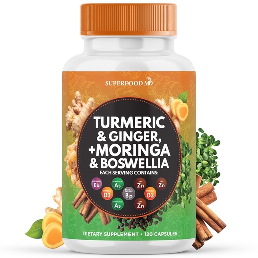 [BRSRAFI2PN5B6ALD] Turmeric Moringa Supplement | Ginger, Boswellia, Saffron, Holy Basil- Joint Support Supplement for Women and Men with Ceylon Cinnamon, Quercetin, Tart Cherry- 120 Count