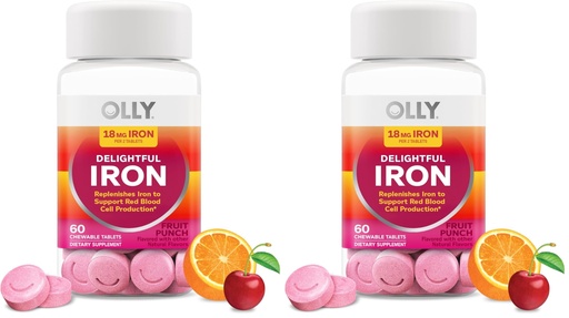 [BRSREEIQOQFAEAD3] OLLY Delightful Iron Chewable Tablet, Iron Supplement from AB Fortis, Fruit Punch Flavor, 30 or 20 Day Supply - 60 Count (Pack of 2)