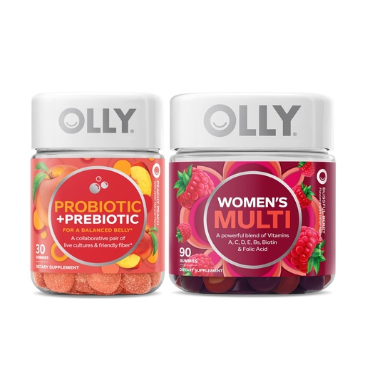 [BRSRO2QLCB6AKYA3] OLLY Probiotic + Prebiotic and Women’s Perfect Multi Starter Pack Bundle, Live Cultures & Friendly Fiber, Vitamins A, C, D, E, Bs, Biotin & Folic Acid, 30 and 90 Count
