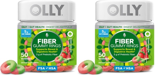 [BRSREBARB4BBEH3D] OLLY Fiber Gummy Rings, 5g Prebiotic Fiber, FOS (Fructo-oligosaccharides), Digestive Support, Berry Melon 50ct (Pack of 2)