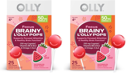 [BRSRGGQKCEAWAE3X] OLLY Focus Buddies L’OLLY Pops, Cognizin, Vitamins B6 & B12, Omega-3 ALA, Supports Focused Attention & Healthy Brain Function,* Kids 4+ Dietary Supplement, Watermelon Strawberry,25 Count (Pack of 2)