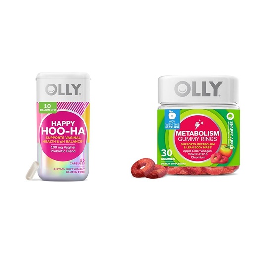 [BRSRAYAKDECQGF3J] OLLY Happy Hoo-Ha Probiotic for Women Vaginal Health Capsules 25 Count & Metabolism Gummy Rings for Energy 30 Count