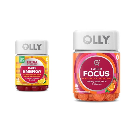 [BRSRAY33AEFBG2D5] OLLY Extra Strength Daily Energy Gummy with Vitamin B12, CoQ10, Goji Berry, 60 Count & Laser Focus Gummy with Ginseng, Alpha GPC, 36 Count