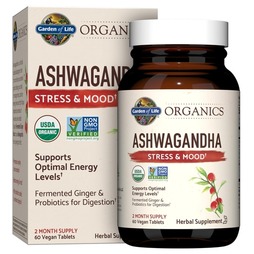 [BRSWGFL6DMJQA3DG] Garden of Life Organic Ashwagandha Supplement with Probiotics & Ginger - Stress, Mood & Energy Support, Vegan, Gluten Free, Non GMO, 2 Month Supply, 60 Tablets