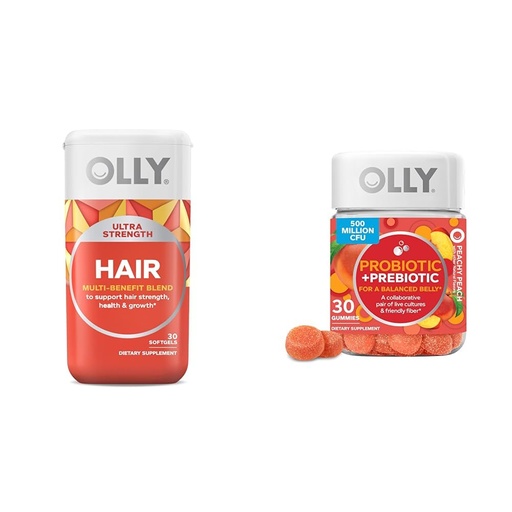 [BRSROBQCCENRE2DG] OLLY Ultra Strength Hair Softgels, Supports Hair Health, Biotin, Keratin & Probiotic + Prebiotic Gummy, Digestive Support and Gut Health